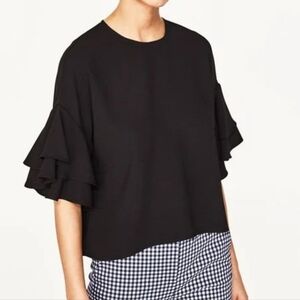 Zara Ruffle Half Sleeve Cropped Oversized Elegant Black Blouse See Measuments